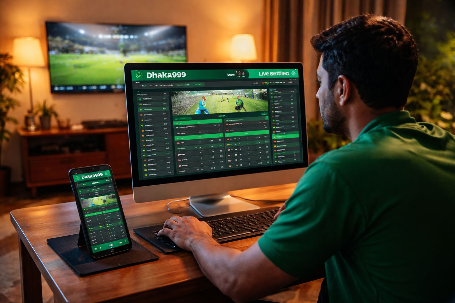 Bangladeshi bettor tracking cricket odds on desktop while watching a live match broadcast in a comfortable evening setting