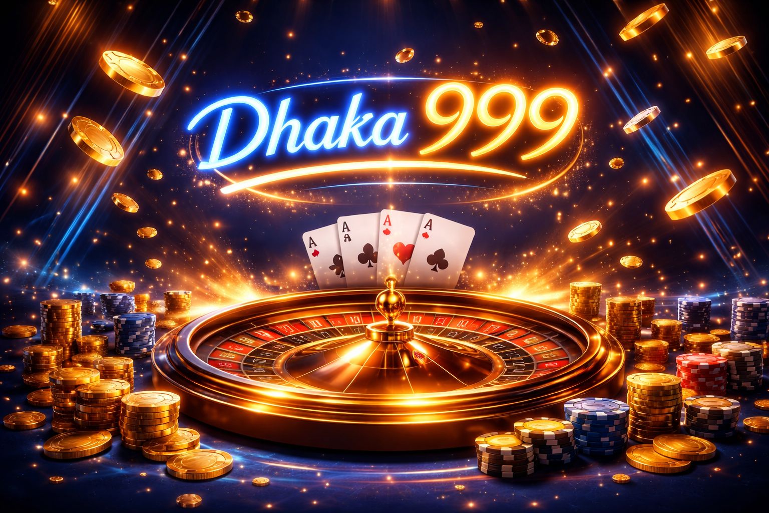 Glowing Dhaka999 neon sign hovering above a virtual roulette wheel with cascading chips illustrating the vibrant casino atmosphere for Bangladesh players