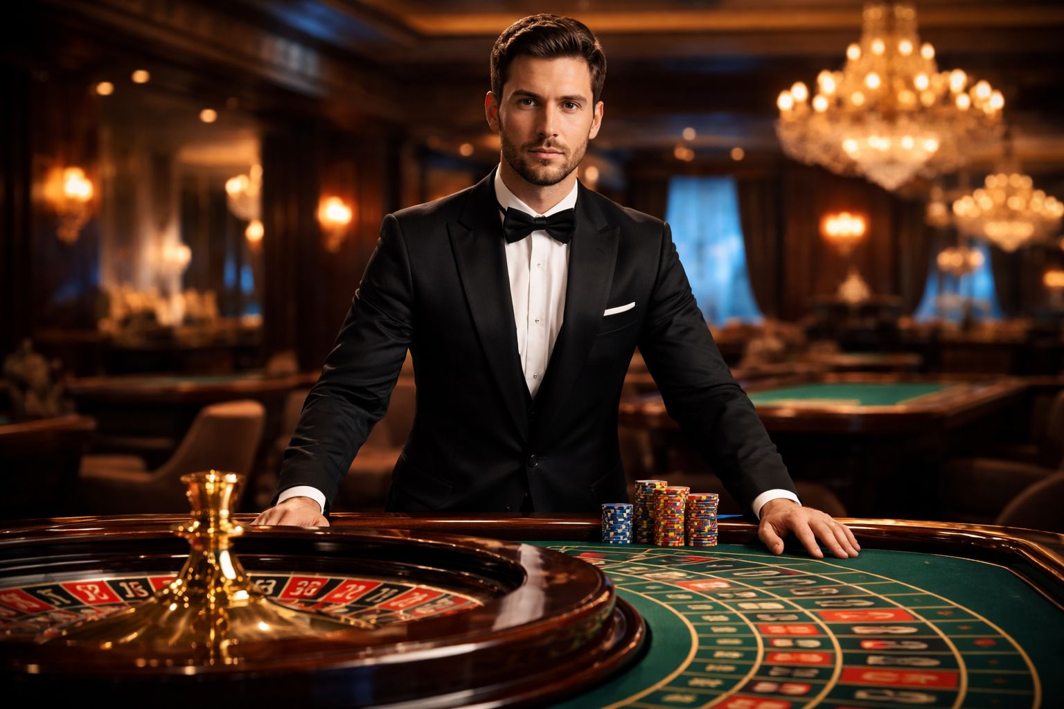 Composed casino croupier in a formal suit standing beside a roulette table surrounded by elegant decor and warm lighting representing the refined atmosphere of Dhaka999 in Bangladesh