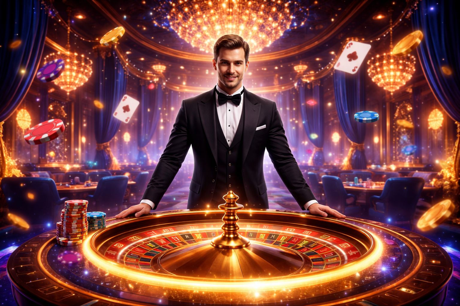 Confident casino host in formal professional attire standing near a roulette wheel with floating chips symbolising the elite live casino universe of Dhaka999 in Bangladesh