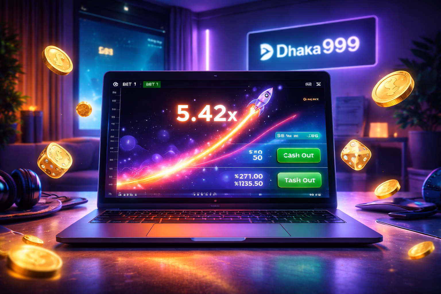 Sleek gaming setup displaying the Dhaka999 crash multiplier game with vivid betting panels and a rising rocket trail creating an immersive digital arena