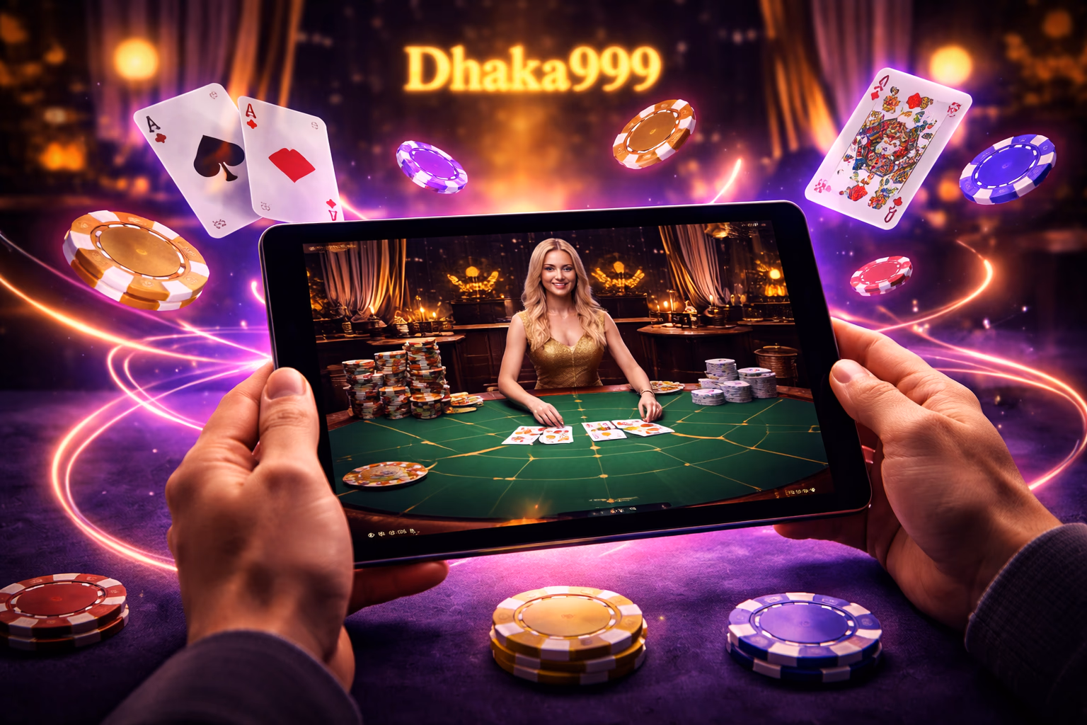 Focused casino enthusiast interacting with a monitor in a neon-lit gaming room showcasing the immersive Dhaka999 virtual entertainment experience for Bangladesh